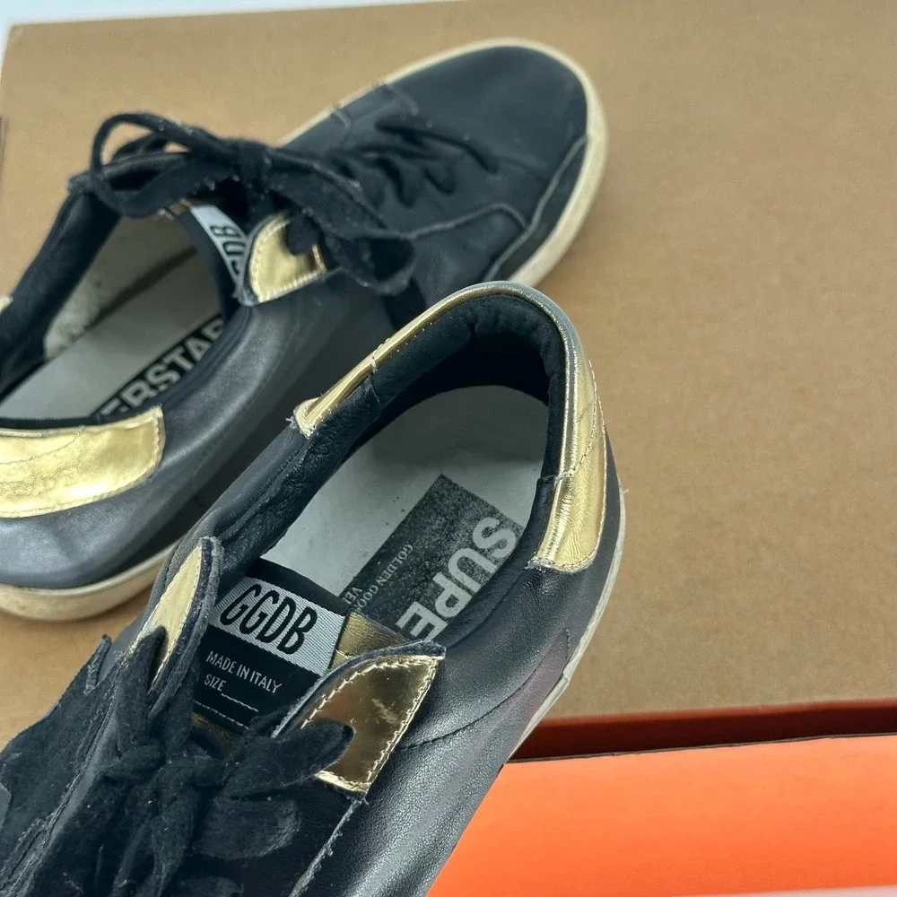 Golden Goose Superstar Black Leather Sneakers Low Trainers‎ Gold Heel Italy 39